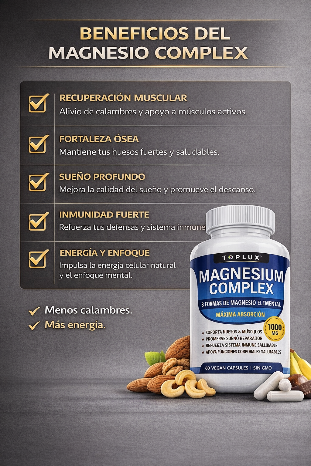 Magnesio Suplemento Completo 8 en 1 Ayuda a Dormir Mejor, Reducir Calambres y Recuperar tu Energía