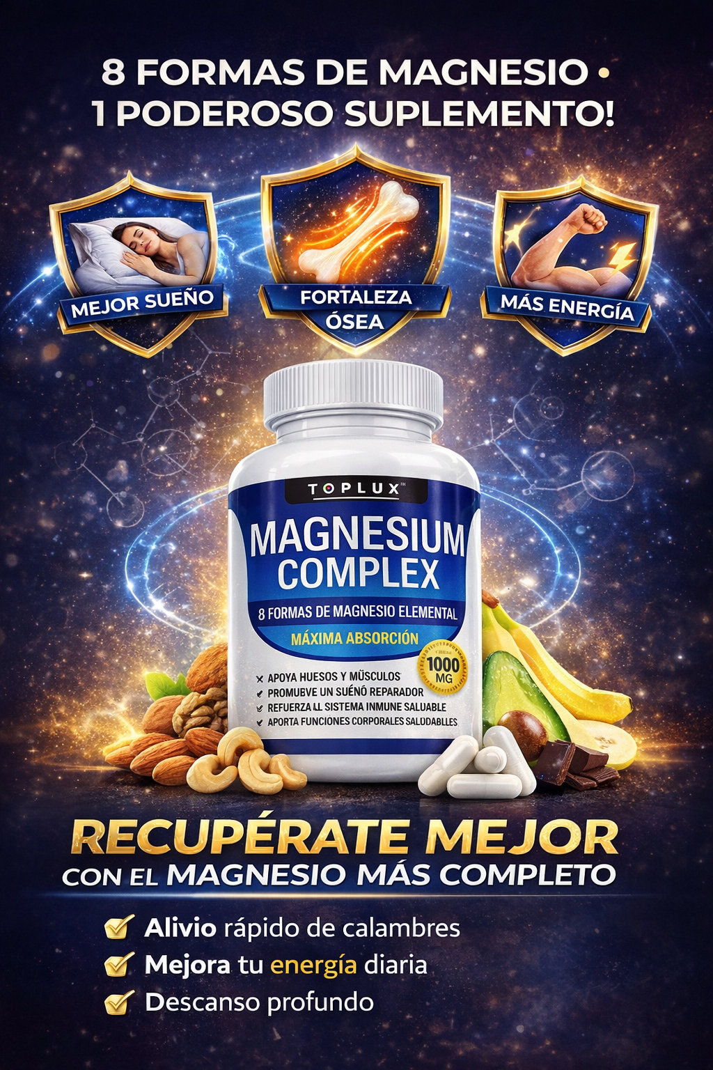 Magnesio Suplemento Completo 8 en 1 Ayuda a Dormir Mejor, Reducir Calambres y Recuperar tu Energía