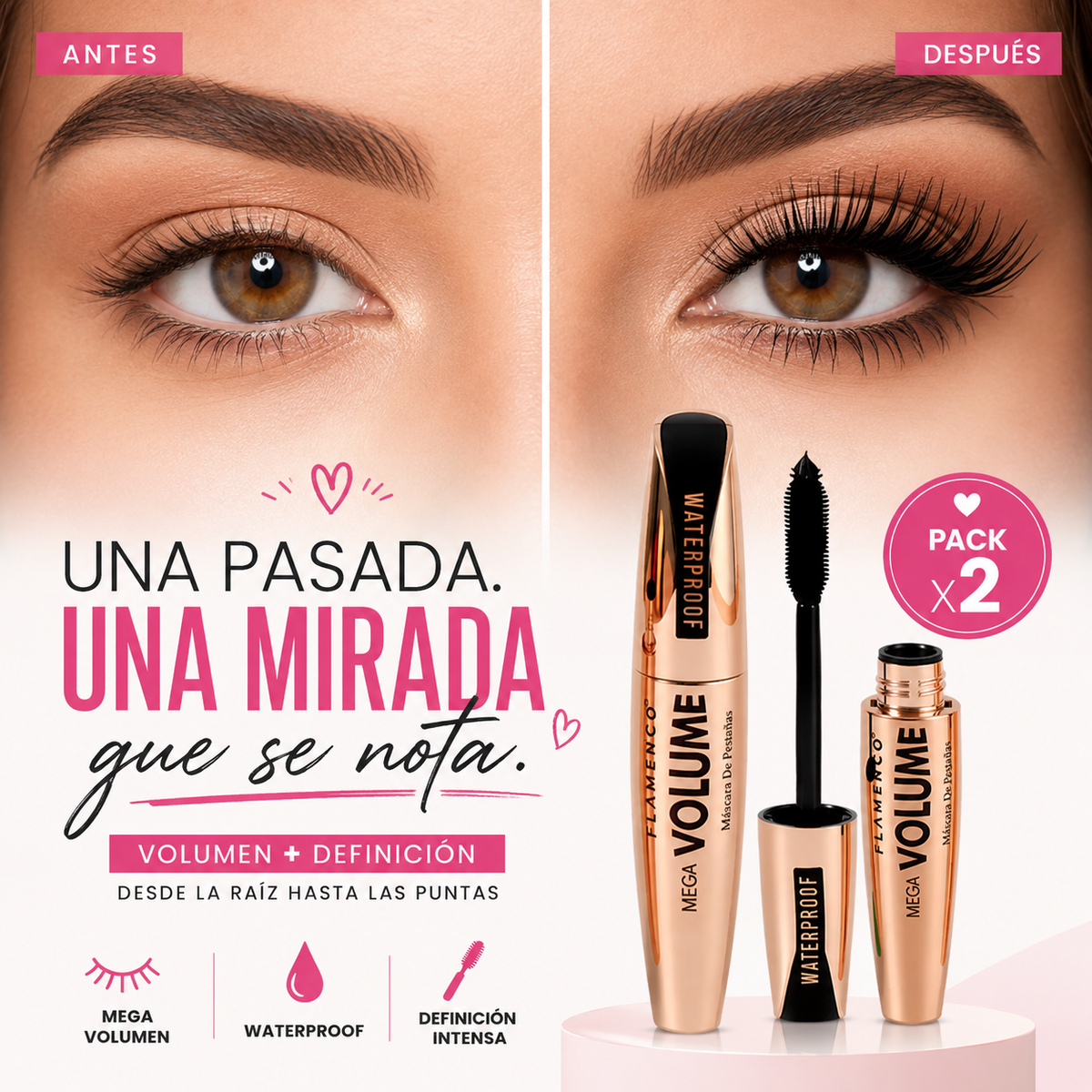 Máscara de Pestañas Mega Volumen Waterproof 2x1 ✨